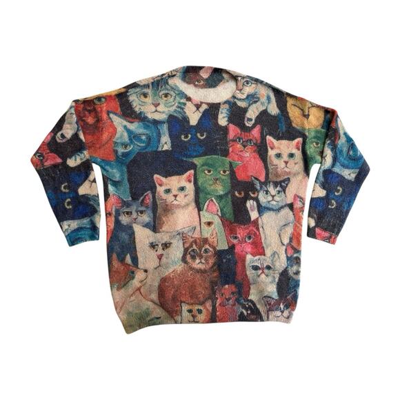 YESNO Cat Sweater Pullover Oversized Wool Blend Allover Design Women’s Sz Large - Picture 1 of 11